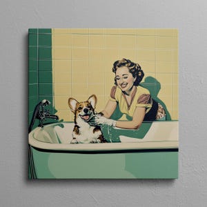 Corgi Bath Time Canvas Print: Retro Dog Bathroom Wall Art