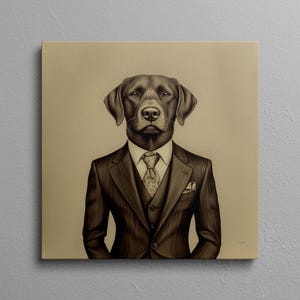 Chocolate Lab Wall Art, Chocolate Labrador in Suit Print, Dapper Dog Portrait Canvas, Vintage Dog Decor, Funny Dog Wall Art for Office