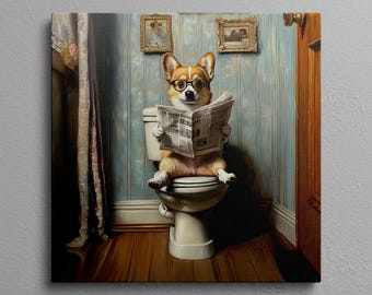 May include: A corgi dog wearing glasses sits on a white toilet in a bathroom, reading a newspaper. The bathroom has blue and white walls, a wooden floor, and a brown door.