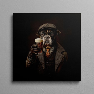 Bulldog Wall Art, Dog Holding Beer Canvas Print, Funny Pub Dog Portrait, Vintage Dressed Bulldog Artwork, Bar Decor for Dog Lovers