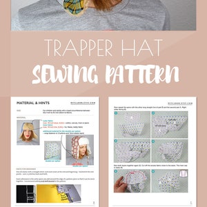May include: A sewing pattern for a trapper hat with instructions and diagrams. The pattern includes two pieces of fabric, one for the main hat and one for the front cap. The pattern is available for download on the website diylabor.etsy.com.