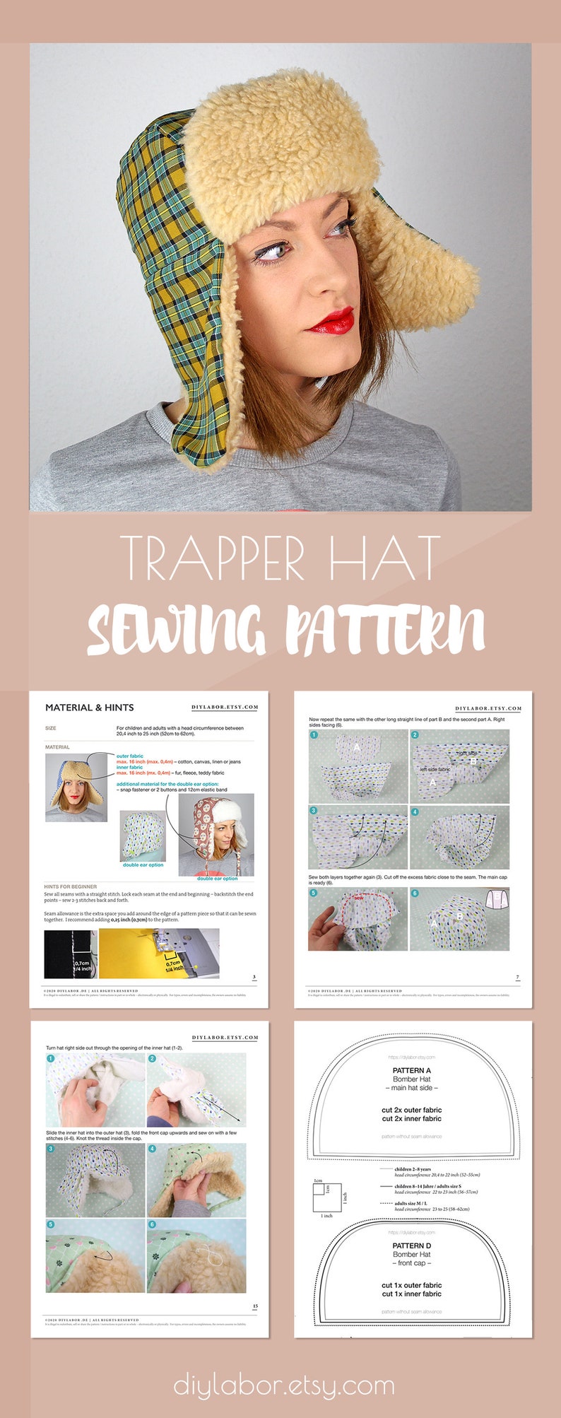 May include: A sewing pattern for a trapper hat with instructions and diagrams. The pattern includes two pieces of fabric, one for the main hat and one for the front cap. The pattern is available for download on the website diylabor.etsy.com.