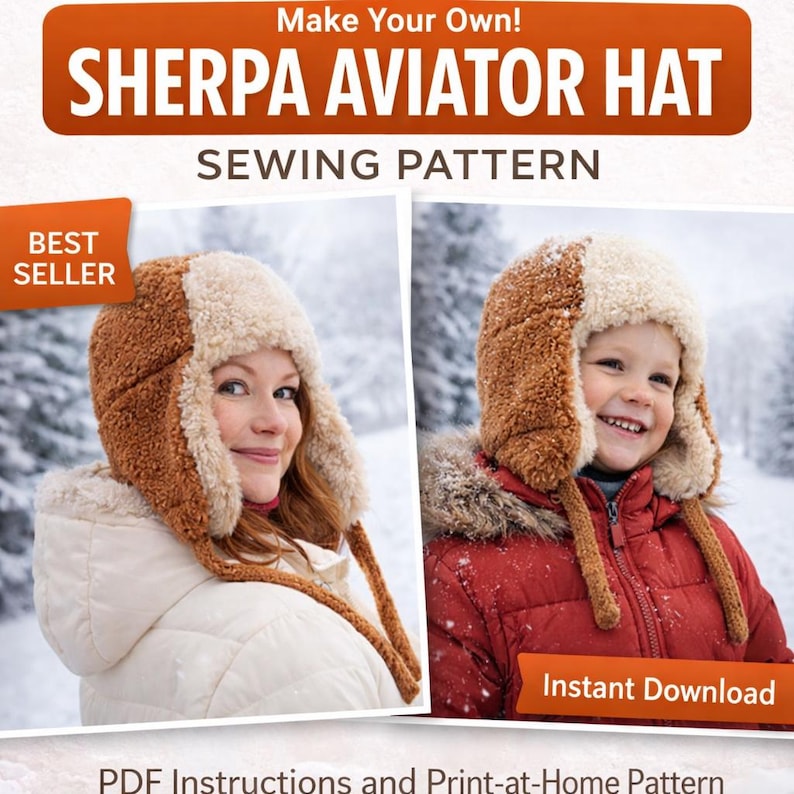 Aviator Hat Sewing Pattern PDF | Kids & Adult Trapper Double Earflap Hat Tutorial