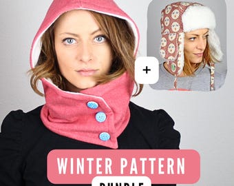 BUNDLE (20% OFF): Aviator Hat + Hooded Scarf Pattern PDF, Trapper Earflap, Balaclava Snood, Winter Headwear Sewing Patterns