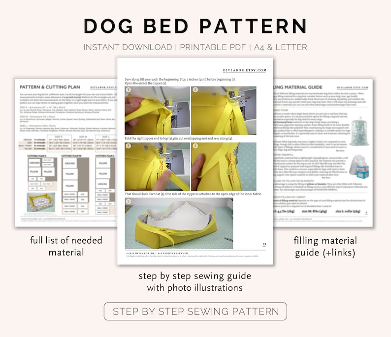 Dog Bed Sewing Pattern PDF | S–XL | Washable Pet Cushion Tutorial | Cat Bed | Kennel Mattress Sewing DIY | Printable Pet Pillow image 8