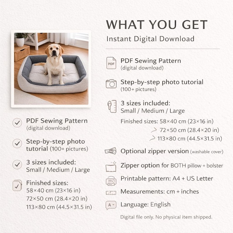Dog Bed Sewing Pattern PDF | S–XL | Washable Pet Cushion Tutorial | Cat Bed | Kennel Mattress Sewing DIY | Printable Pet Pillow image 3