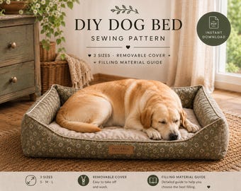 May include: A rectangular dog bed with a green floral pattern and a tan interior cushion, featuring a brown leather-style label with the text DIYLABOR. A yellow Labrador retriever is sleeping inside. The text reads DIY DOG BED SEWING PATTERN.