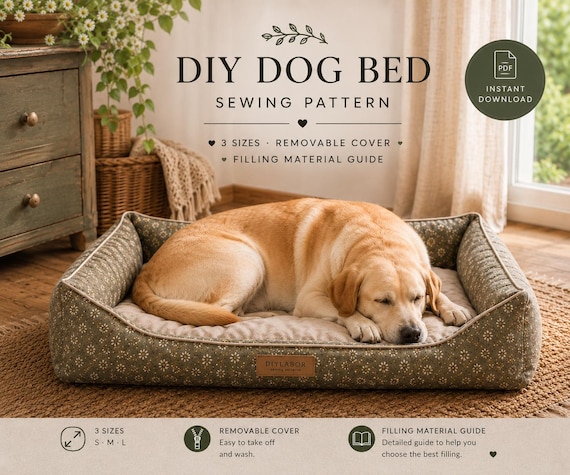 Dog Bed Sewing Pattern PDF, DIY Dog Bed Pattern, Removable Cover, 3 Sizes, A4 & US Letter, Pet Bed Sewing Pattern