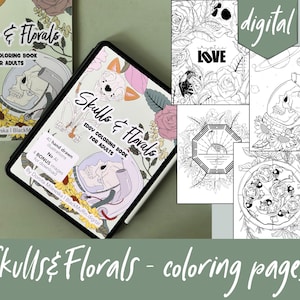 以下が含まれることがあります： 大人向けのデジタル塗り絵「Skulls & Florals」で、手描きのイラスト40点とボーナス画像4点が含まれています。表紙には、宇宙飛行士のヘルメットをかぶった骸骨と花の要素が描かれています。「digital」という文字が表示された追加の塗り絵ページも表示されています。
