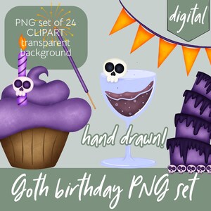 Könnte beinhalten: Digitales Goth-Geburtstags-PNG-Set mit einem lila Cupcake mit Totenkopfkerze, Weinglas mit Totenkopf, mehrstöckiger Kuchen und orangefarbenen und schwarzen Wimpeln. Das Set enthält 24 Clipart-Bilder mit transparentem Hintergrund.