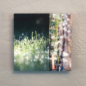 May include: A split image with a close-up of green grass with dew drops on the left and a blurred image of a wall of colorful beaded necklaces on the right.
