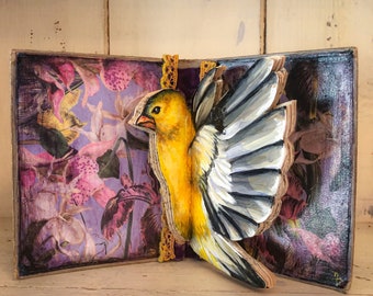 Bird Artwork / Bird Painting  / Vintage Book Sculpture / Yellow Finch Painting / Antique Book Art / One of A Kind Artwork