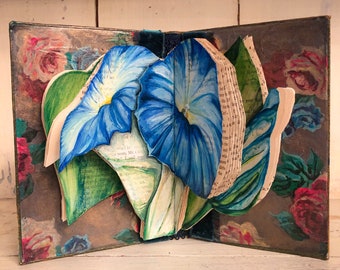 Book Sculpture Art/ Morning Glory Painting / Vintage Book Art / One of a Kind Artwork
