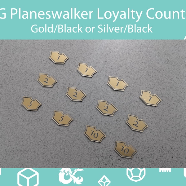 Set of 12 - Planeswalker Loyalty Counters - Magic the Gathering Loyalty Markers, MtG Keyword Counters. Gold or Silver