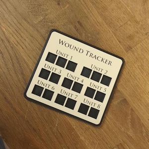 May include: A square wound tracker with a black border and a cream-coloured interior. The text "WOUND TRACKER" is at the top, with eight numbered units below. Each unit has a series of small, square cutouts. The tracker is on a wooden surface.