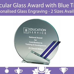 Clear Glass Round Award with Blue Trim - 12mm Thickness. Personalised Laser Engraving and Presentation Case