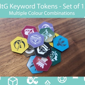 Set of 12 - MtG Keyword Tokens, MtG Keyword Counters, Ability Markers. 25mm Hexagon Markers, Multiple Colour Options