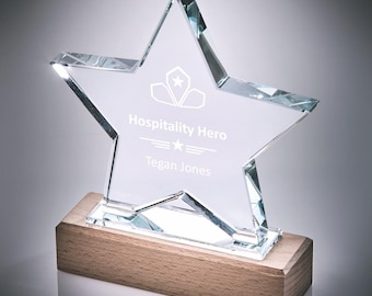Star Glass Stand Award with Wooden Base - Available in 2 Sizes