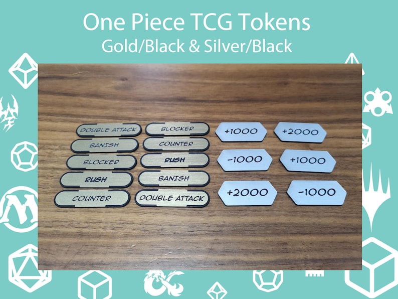 K&ouml;nnte beinhalten: One Piece TCG-Token in Gold und Silber mit schwarzem Text. Die Token zeigen Texte wie "Double Attack", "Banish", "Blocker", "Rush" und "Counter" sowie Werte wie +1000, +2000 und -1000.