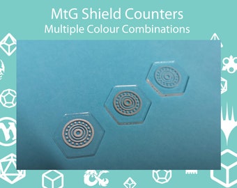 Shield Counters - Magic the Gathering Ability Markers, Streets of New Capenna. 25mm Hexagon Markers, Black/Clear Acrylic