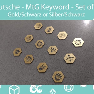 Deutsche Set of 12 - MtG Keyword Tokens, German, MtG Keyword Counters, Ability Markers. 25mm Hexagon Markers, Gold or Silver