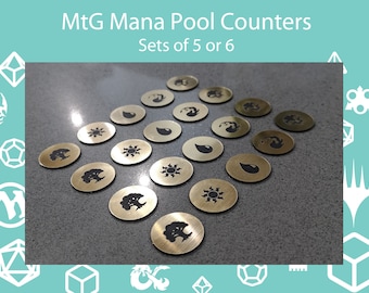 Set of 5 or 6 - MtG Mana Tokens. MtG Mana Tokens. 25mm Circular Markers. Gold or Silver.
