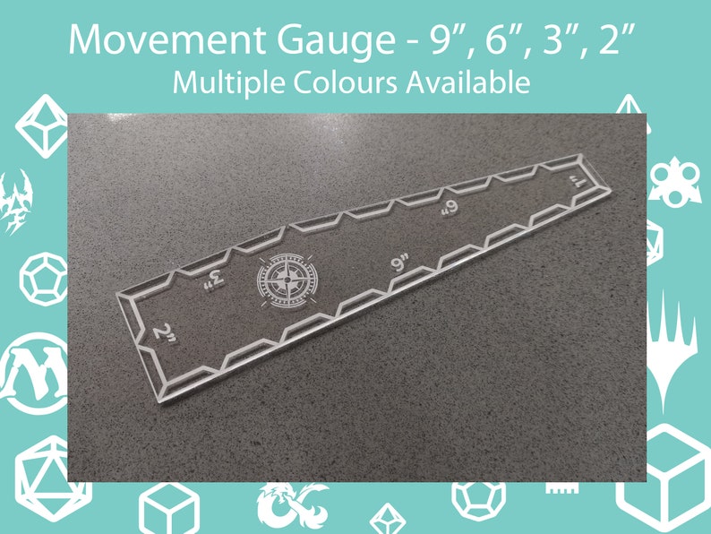 May include: A clear acrylic movement gauge with measurements of 9", 6", 3", and 2". The gauge features a compass rose design in the center and the text "Movement Gauge - 9", 6", 3", 2" Multiple Colours Available".