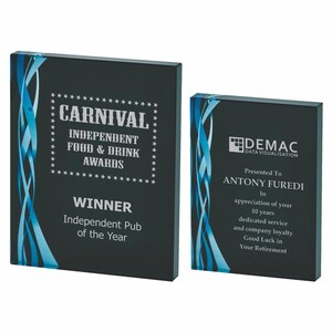 Puede incluir: Dos premios rectangulares negros con detalles de cinta azul. El premio más grande dice "CARNIVAL INDEPENDENT FOOD & DRINK AWARDS WINNER Independent Pub of the Year". El premio más pequeño tiene un mensaje de jubilación y "DEMAC DATA VISUALISATION".