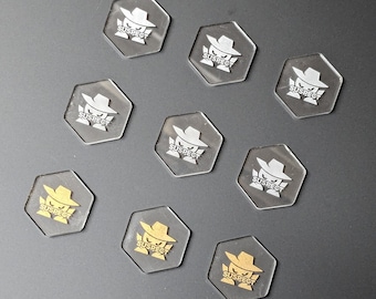 Suspect Counters - With Keyword - MtG Ability Markers. 25mm Hexagon Markers, Black/Clear/Coloured Acrylic