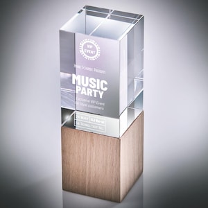Peut inclure: Un trophée en cristal transparent avec l'inscription "MUSIC PARTY" et "VIP EVENT". Le trophée est posé sur un socle en bois. Le texte comprend la date du "24 MAI" et "DJ Re-ad."