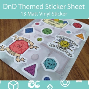 Dungeons and Dragons Themed Matt Vinyl Sticker Sheet - 3 Large DnD themed Stickers and 10 Dice Stickers