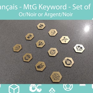 Français Set of 12 - MtG Keyword Tokens, French, MtG Keyword Counters, Ability Markers. 25mm Hexagon Markers, Gold or Silver