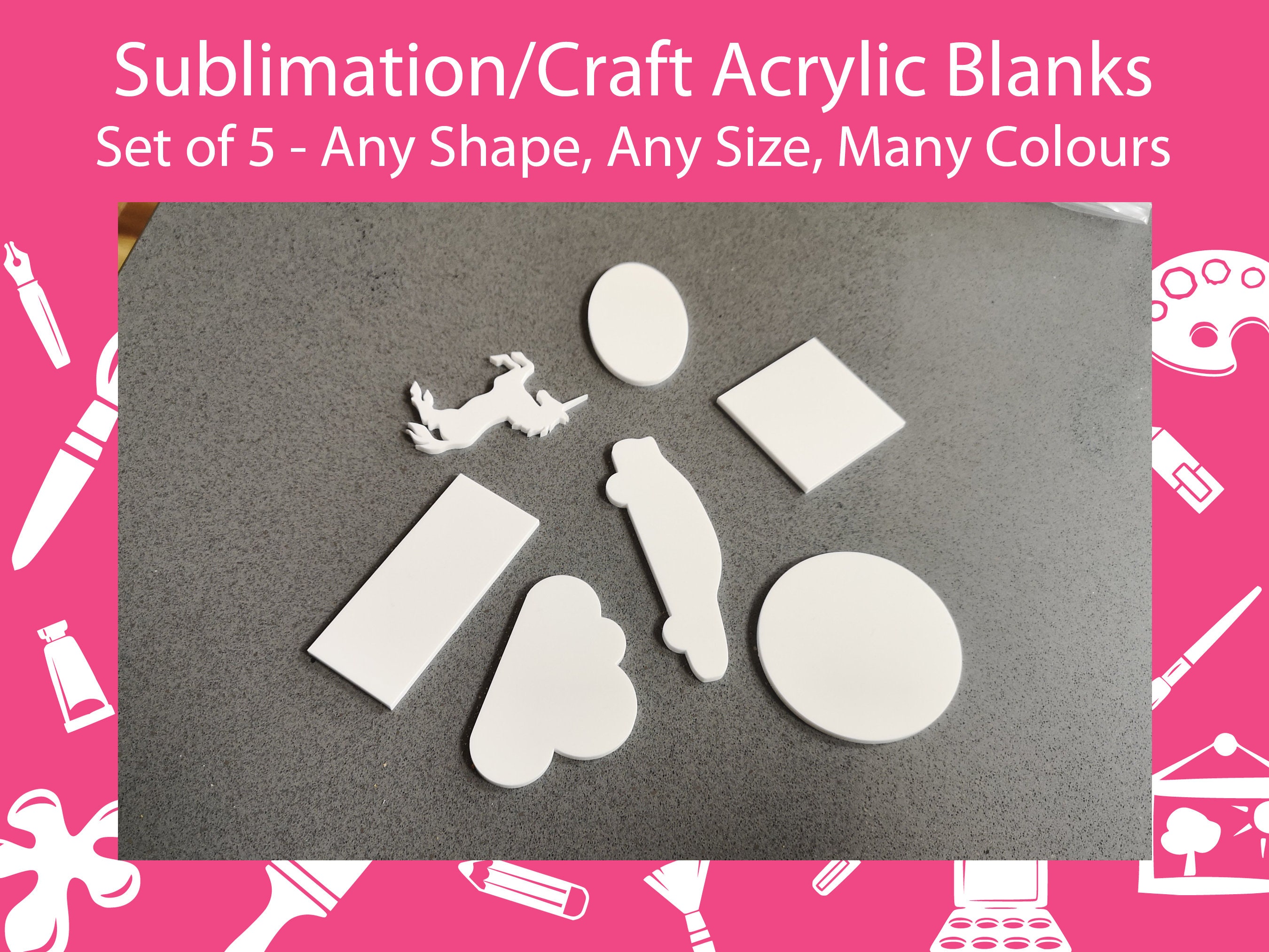 Set of 5, Acrylic Sublimation Blanks 3mm Thick Any Shape, Many Sizes,  Multiple Colours Perfect for at Home Crafting 