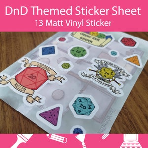 Dungeons and Dragons Themed Matt Vinyl Sticker Sheet - 3 Large DnD themed Stickers and 10 Dice Stickers