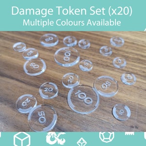 Damage Tokens Set (x20). Acrylic Tokens in a variety of Colours.
