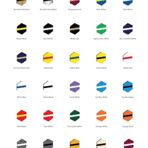 May include: A collection of hexagonal-shaped designs in various color combinations, including brushed gold-black, burgundy-gold, and sky blue-white. Each design has a contrasting stripe or accent color, with text labels below each.