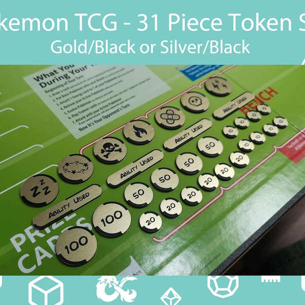 Pokemon TCG Compatible Effects/Status, Ability Used, Damage/Hit Point Acrylic Token Set - Gold/Black or Silver/Black