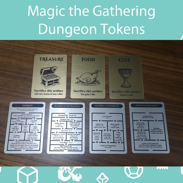 Magic the Gathering Dungeon Tokens - 4 Dungeons and 3 Treasure Counters - Gold and Silver 2 ply Acrylic