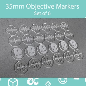 May include: Clear acrylic objective markers for tabletop games. The set includes six markers, each with a unique design. Some markers feature Roman numerals, while others display skull graphics and numbers. The text "Objective" is also visible.