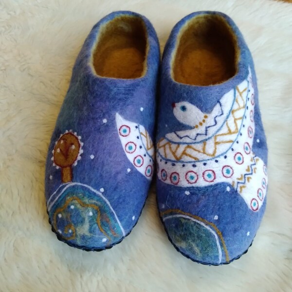 Handmade Women's Wool Slippers - Natural Felted Dark Petrol Home Shoes With Non-Slip Sole