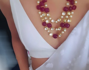 Ensemble de colliers superposés en véritable kundan et perles de verre rubis !!