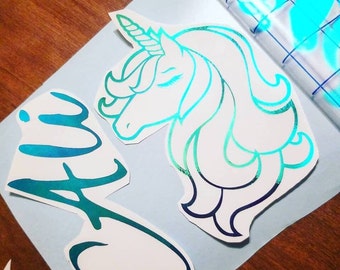 Unicorn Outline Vinyl Decal - Holographic or Solid Color Vinyls [Choose Size, Font Style and Vinyl Color]