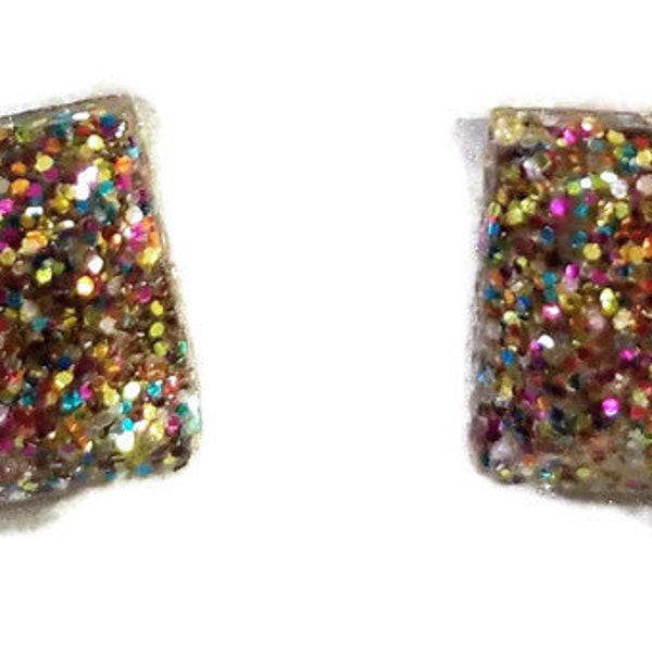 Sparkly Spade Studs - Glitter resin sparkly square stud, multicolored, lightweight, hypoallergenic fun cute earrings