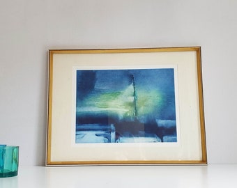 Original etching in frame, abstract, blue-green, ca 60s, vintage