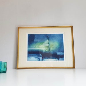 Original Radierung im Rahmen, abstrakt, blau-grün, vintage Bild 1