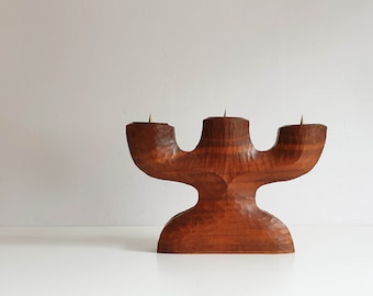 Large, hand-carved teak wood candlestick, brutalism, midcentury, vintage