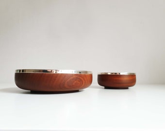 Set of 2 Bruckmann wooden bowls with silver rim, circa 70s, vintage