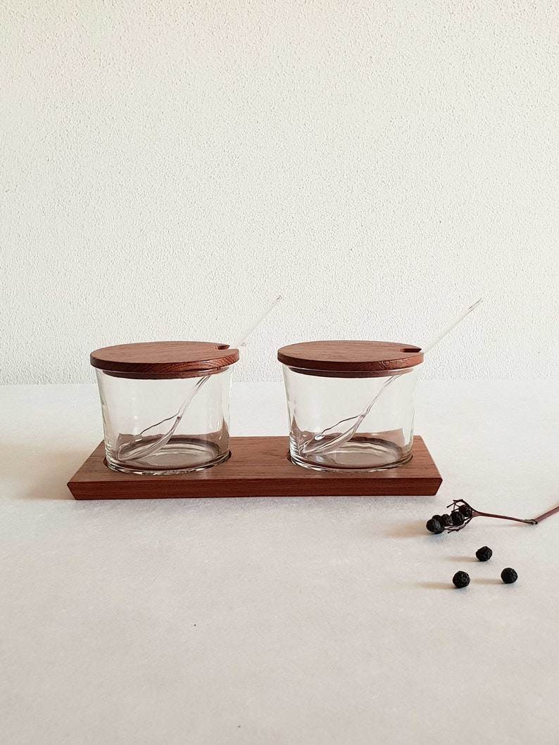 sauces Jar set for jams midcentury glass container on teak tray vintage dips
