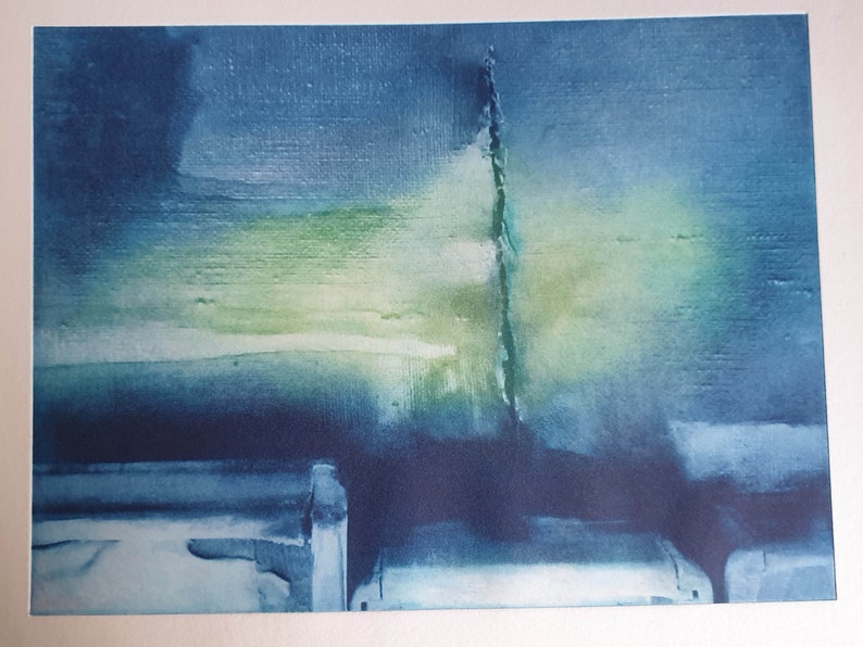 Original Radierung im Rahmen, abstrakt, blau-grün, vintage Bild 2