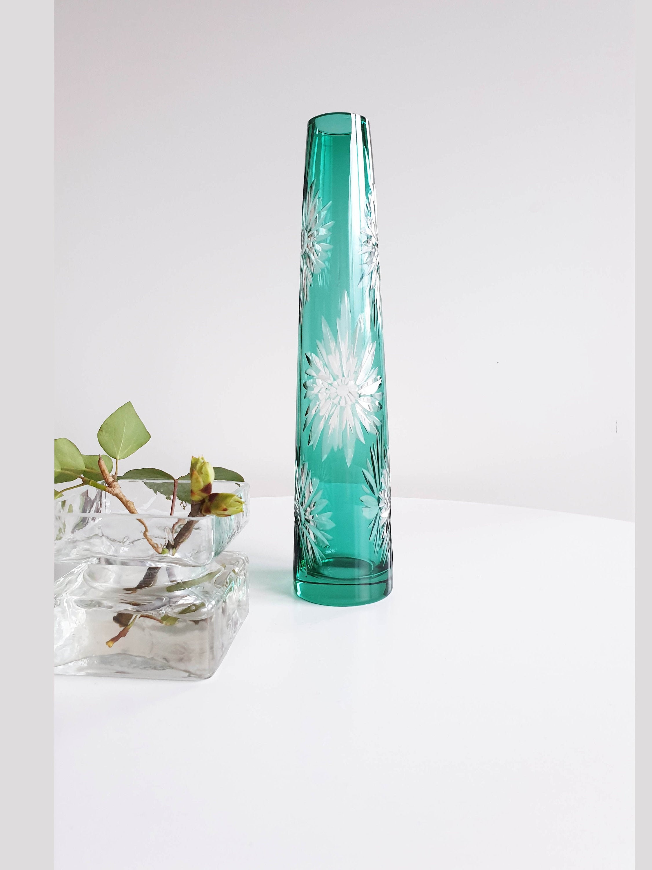 Narrow high glass vase green midcentury vintage Etsy